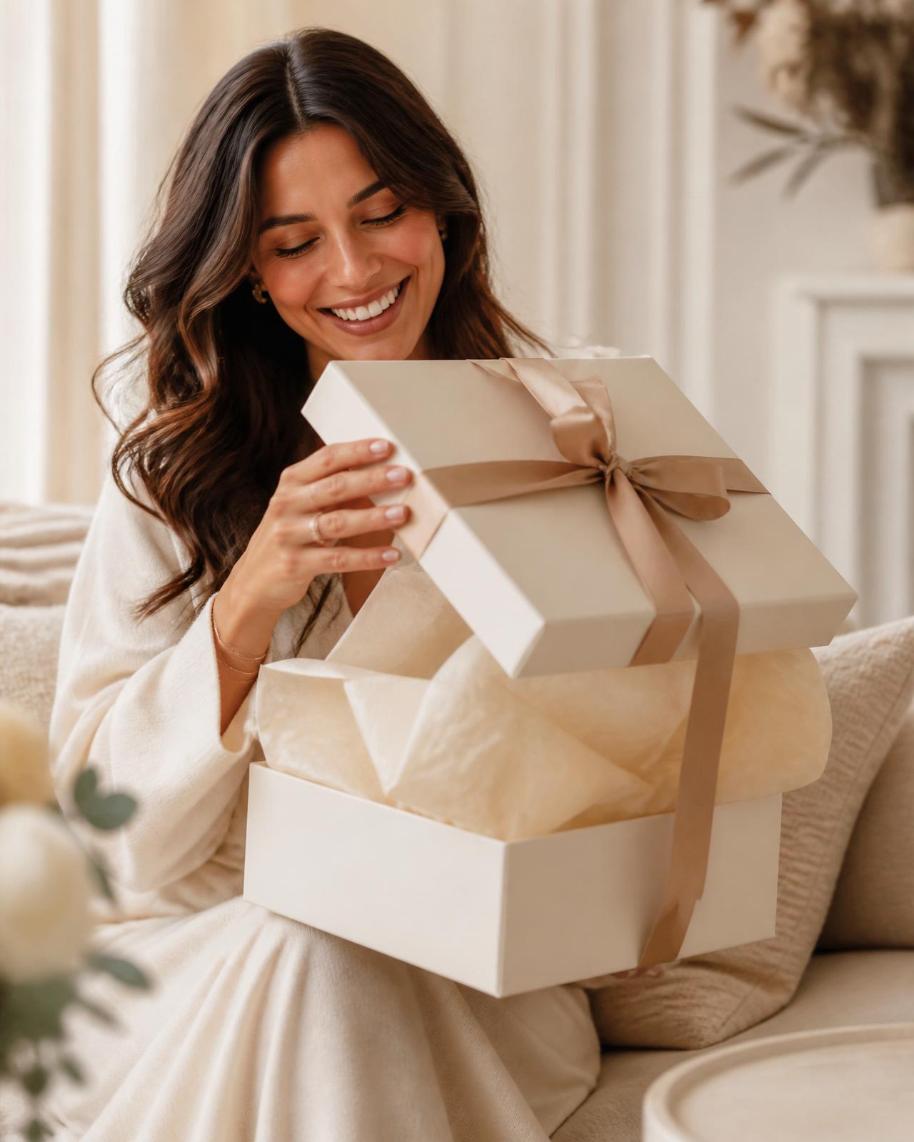 An ivory gift box tied with champagne ribbon, opened to reveal tissue-wrapped contents and a folded message card