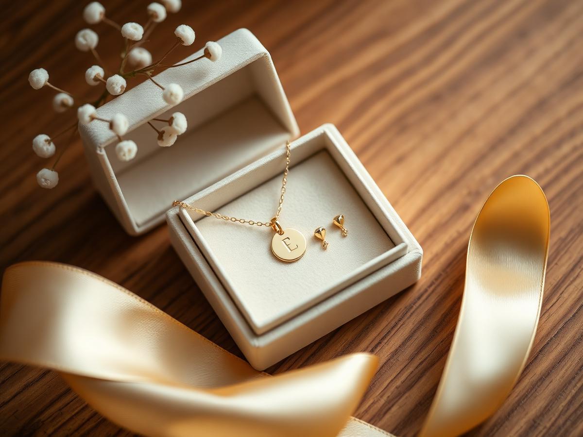 An engraved gold necklace resting in an ivory gift box
