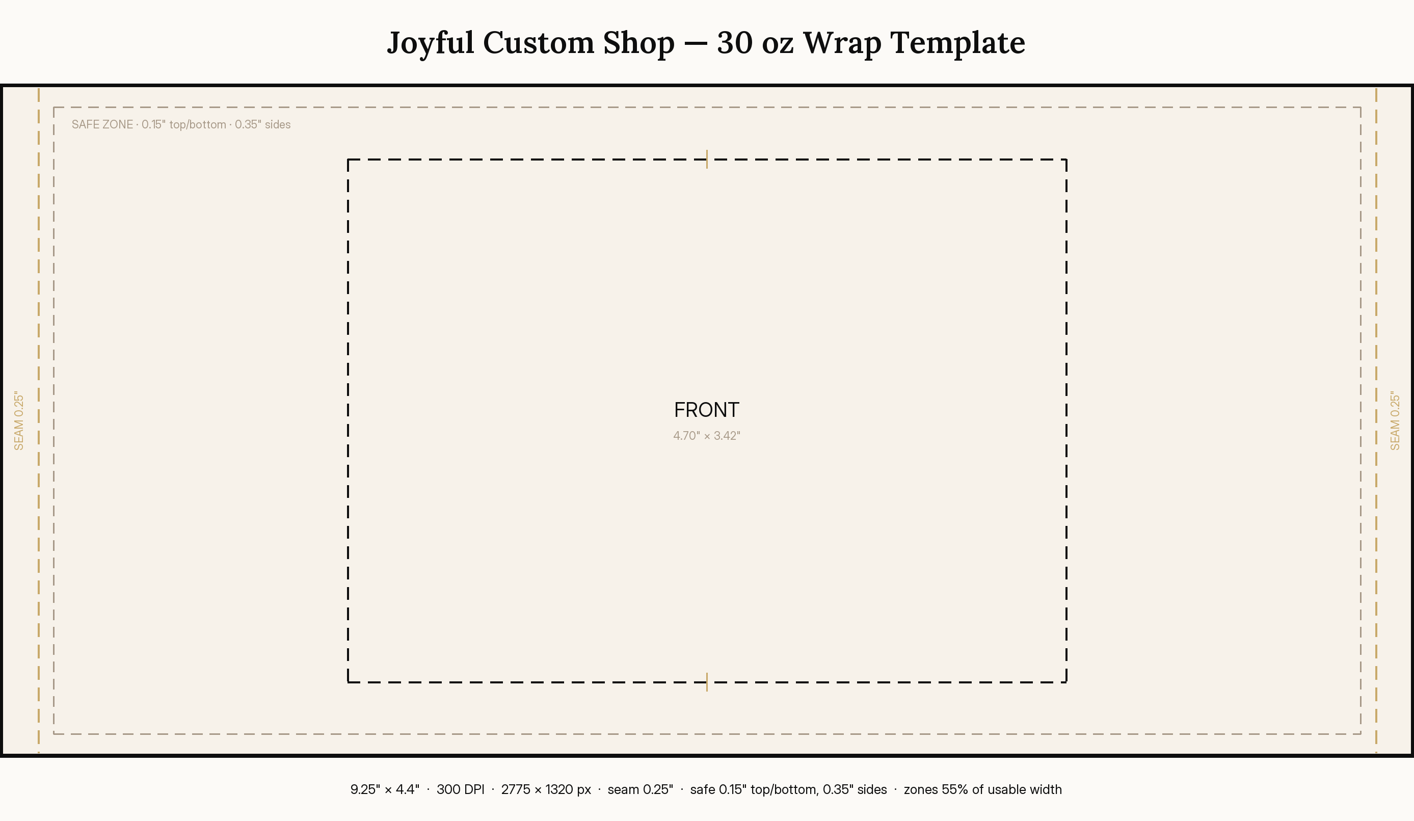 30 oz tumbler wrap template preview showing trim, seam, safe zone and print zones