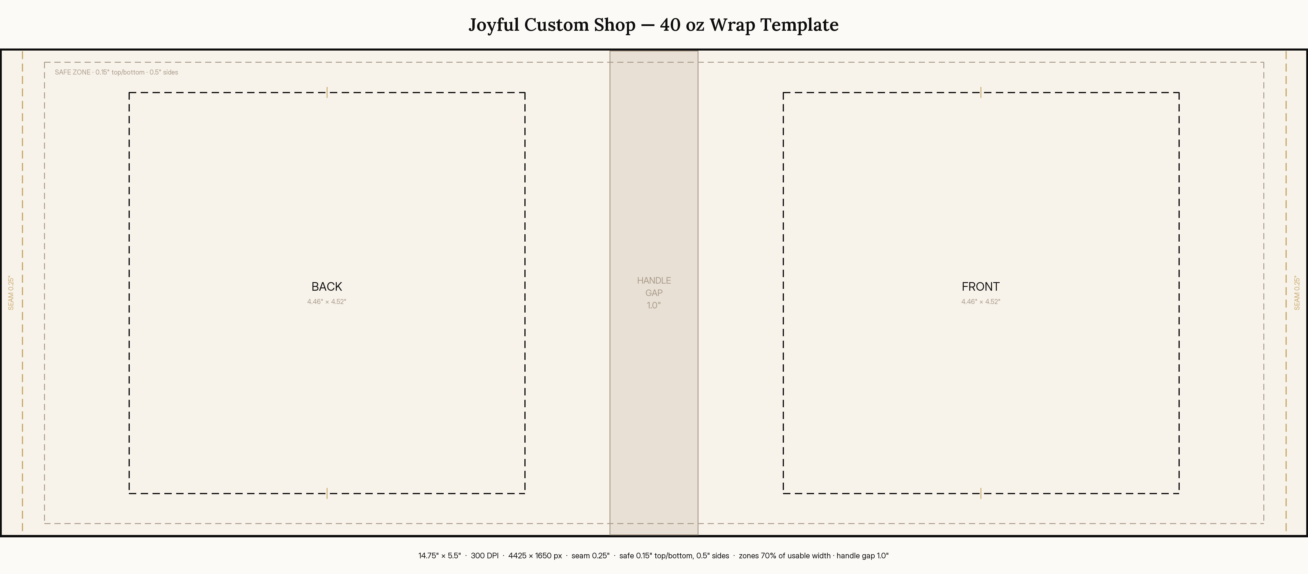 40 oz tumbler wrap template preview showing trim, seam, safe zone and print zones